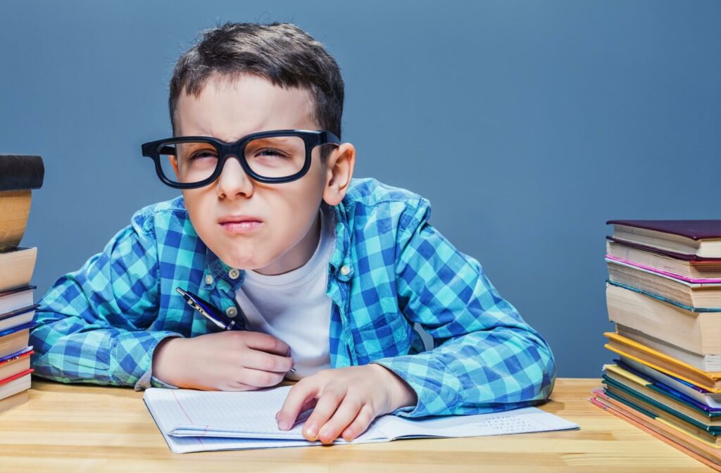 A child in school squinting through their glasses to see clearly due to myopia.